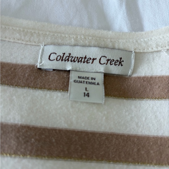 Coldwater Creek Women's Long Sleeve Striped Tan Cream Metallic Stripe Top Size L - Picture 9 of 13